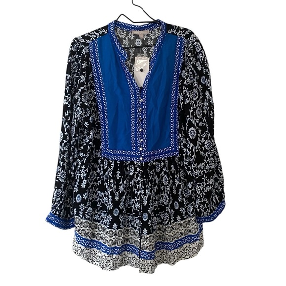 Woman Within Blue Black Floral Button Down Tunic Top Women’s Size 18/20 FLAWED - Picture 1 of 12